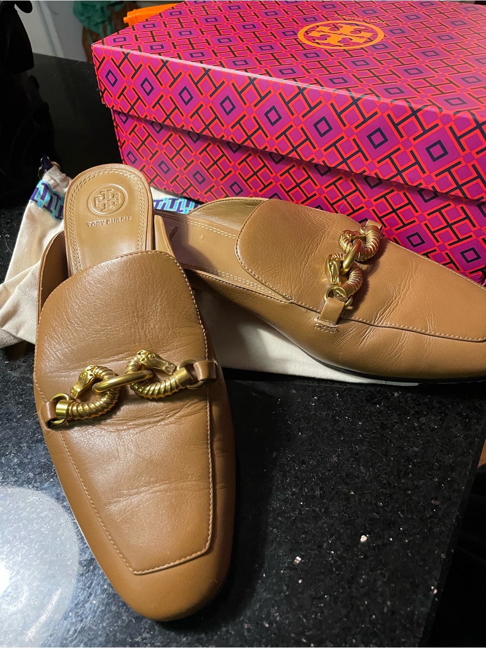 Tory Burch Tan Leather Slip-On Mules with Gold Chain